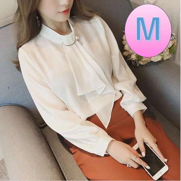 ブローチ付きボウタイブラウス M 白シャツ パール レディースフォーマル 通勤 事務服 ビジネスシャツ