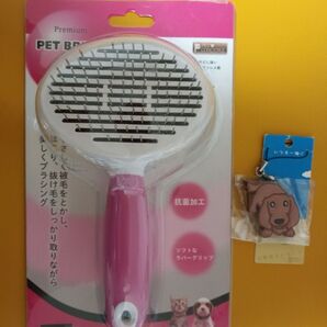 【未使用】Lozenter 犬猫 ペットブラシ PEY-549 抗菌加工 抜け毛 犬猫兼用 キーホルダーのオマケ付き