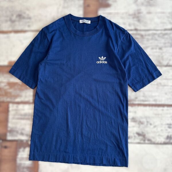 ヴィンテージ 80s adidas Tシャツ デサント製 ネイビー トレフォイルロゴ シングルステッチ Sサイズ