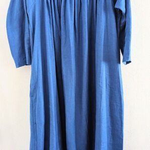 美品 リネン ブルー 長袖 ロングワンピース