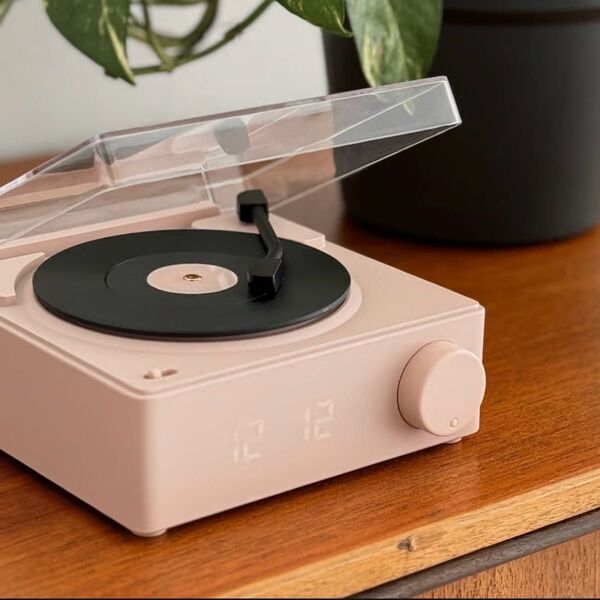 スピーカー Bluetooth レコードプレーヤー風 レトロ デジタル 時計 高音質 音楽 ピンク おしゃれ インテリア かわいい