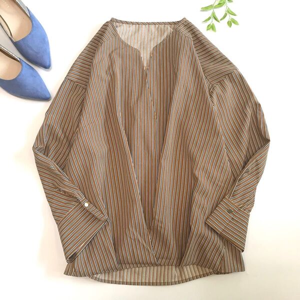 chocol raffine robe ショコラフィネローブ ストライプ スキッパーブラウス F 茶 長袖