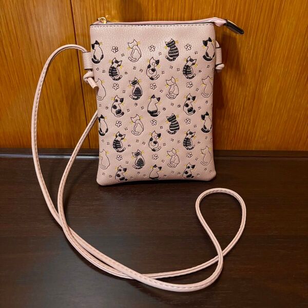 猫柄 ミニショルダーバッグ 刺繍 ダスティピンク系 くすみカラー サコッシュ ポシェット 斜めがけカバン レディース レトロ