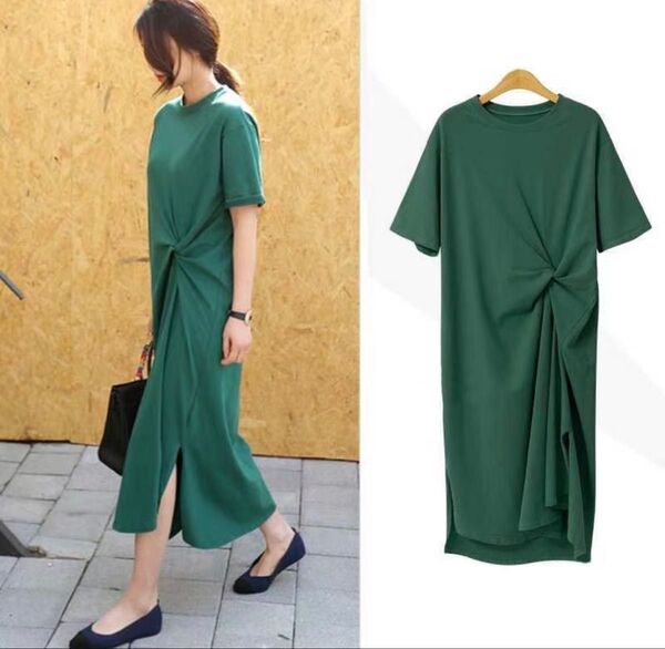L Tシャツワンピース グリーン 体型カバー 着やせ 伸縮性 半袖