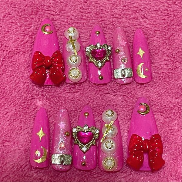 セーラームーン ネイルチップ ピンク リボン ハート 月