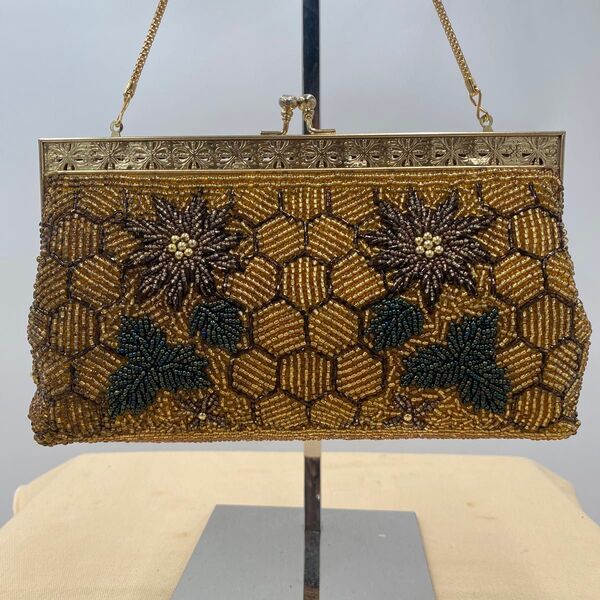 ビーズ ハンドバッグ ゴールド 花柄 オケージョン 和装小物 がま口 ハンドバッグ