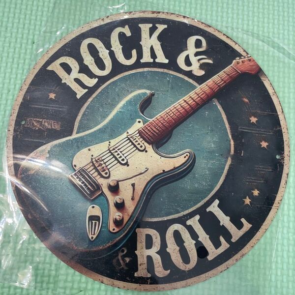 ブリキ看板 ROCK & ROLL 直径約20cm インテリア アルミ看板 アメリカ雑貨 ロック エレキギター