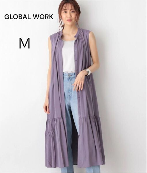 GLOBAL WORK グローバルワーク ティアードノースリーブワンピース M パープル 綿 レーヨン