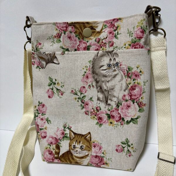ハンドメイド ポシェット ショルダーバッグ 猫×花