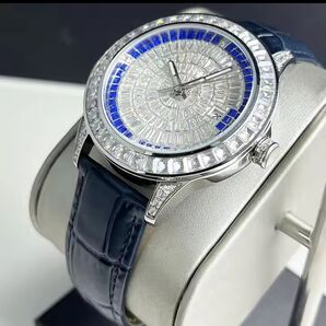 【新品未使用】自動巻き 腕時計キラキラシルバーブルー ネイビーレザーベルトビジネスウォッチ防水 ステンレス