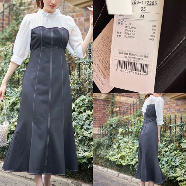 新品 tocco closet トッコ 後ろリボン付きステッチ入り配色ドッキングワンピース■定価7700