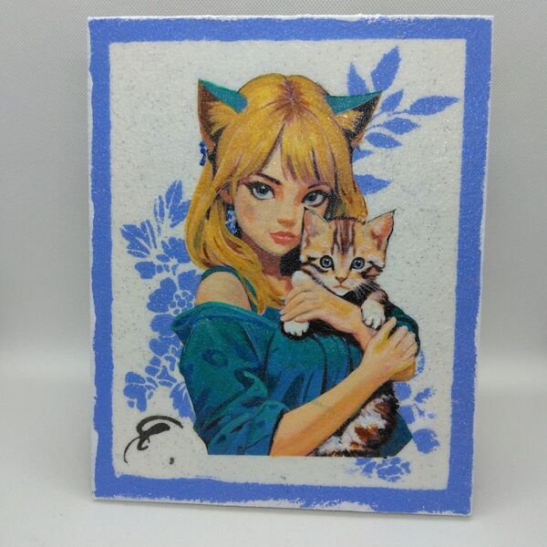 猫耳女性と子猫のアート絵画スタンド