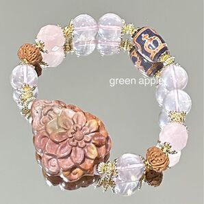 《癒しの石》花雫(アラシャン瑪瑙)と宝瓶天珠、スターローズクォーツのブレスレット 内径約15㎝
