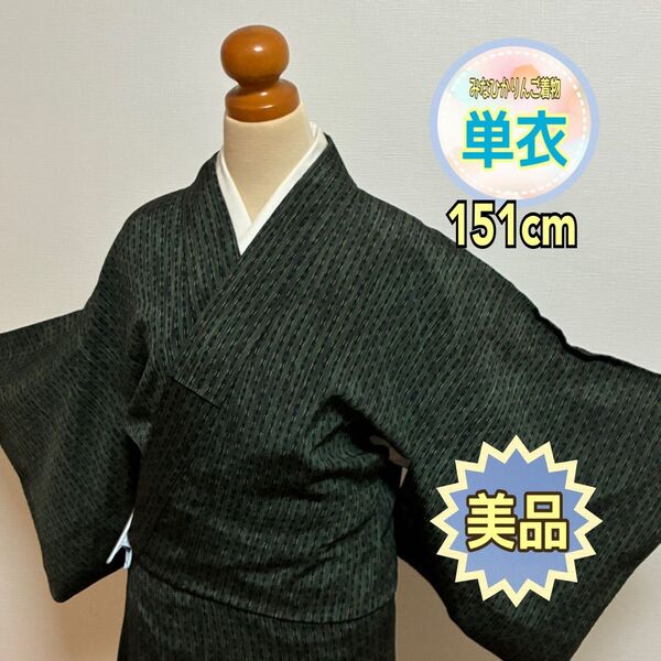 【美品】【単衣】紬 深緑 変わり縞文様 正絹 アンティーク着物 リメイク