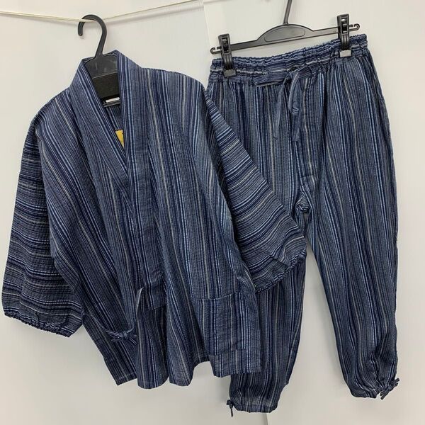 新品★メンズ★LLサイズ★しじら 縞柄 作務衣 さむえ 上下セット 紺色 4701