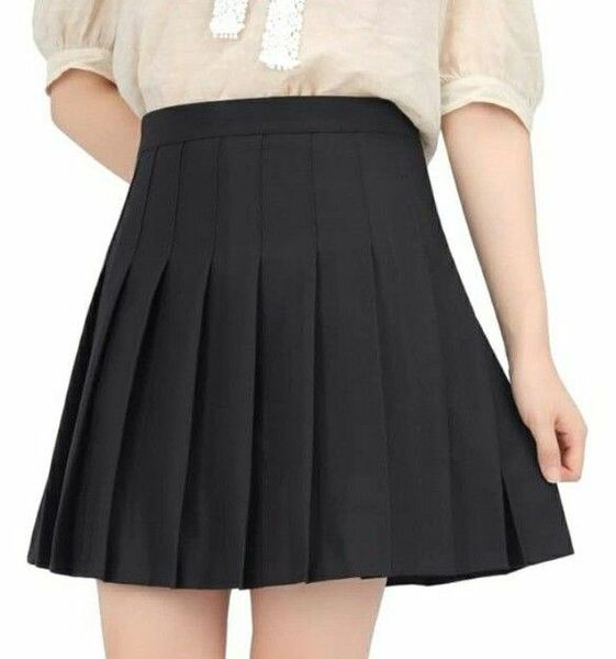 Lサイズ プリーツスカート ミニ インナー付き ひざ丈 無地 通学 ハイウェスト コスチューム セーラー服 卒業式 ブラック 黒