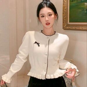 shein DAZY レディース カラーブロック リボン フリル カーディガン