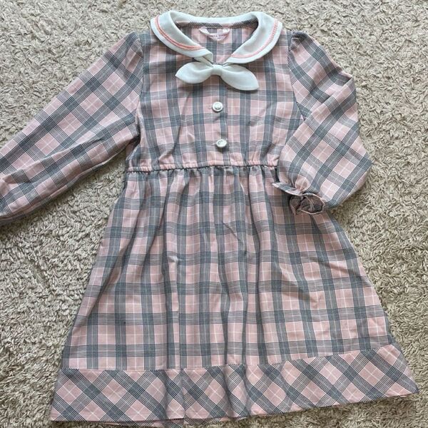 ワンピース 可愛い切り替えワンピース ピンク リボン 女の子 チェック柄 フリフリ スメルスイート 春 ピンク 長袖ワンピース
