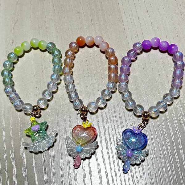 ブレスレット3個セット ビーズ パープル グリーン オレンジ 子供 キッズ アクセサリー