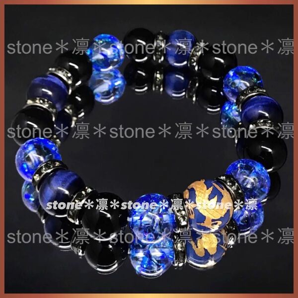 ★D42 皇帝龍 金彫アゲート ブルータイガーアイ オニキス クラック水晶 パワーストーン ブレスレット 天然石 四神獣 龍神