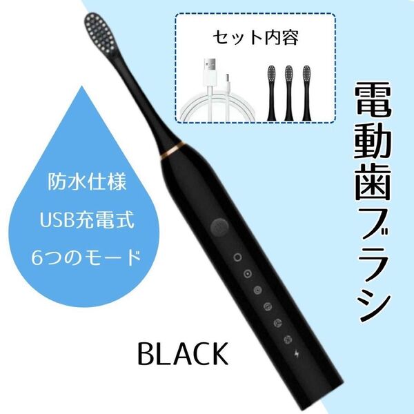 歯ブラシ 電動 黒 替えブラシ付き 6モード 歯磨き 歯石除去 口臭 音波 防水