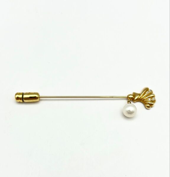 【美品】K18YG ダイヤ ピンブローチ 真珠 シェル型 パール アクセサリー レディース