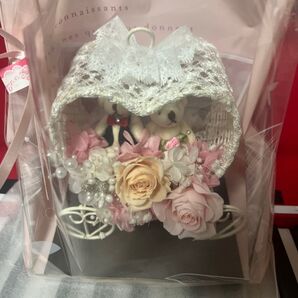 ウェディング くまのぬいぐるみ プリザーブドフラワー 馬車 オルゴール