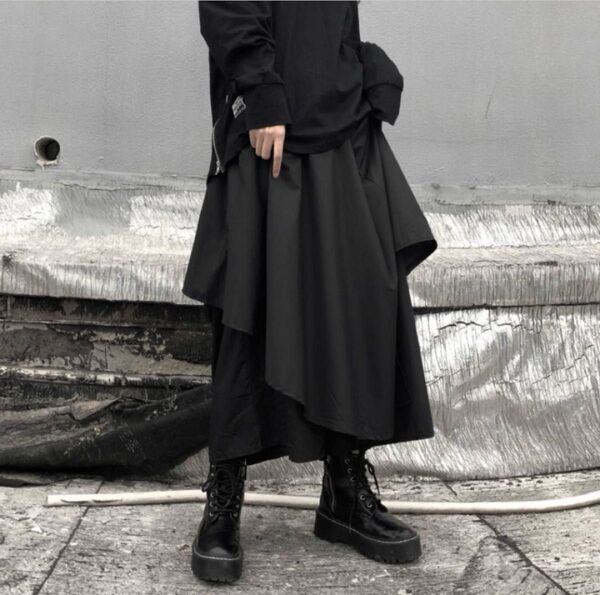 ロングスカート アシンメトリー スカーチョ スカート ウエストゴム ブラック