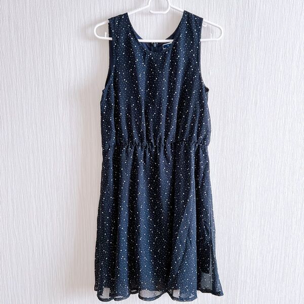 美品 シフォン シアー 膝下 ワンピース ノースリーブ M 星柄 ネイビー お洒落 ジエンポリアム