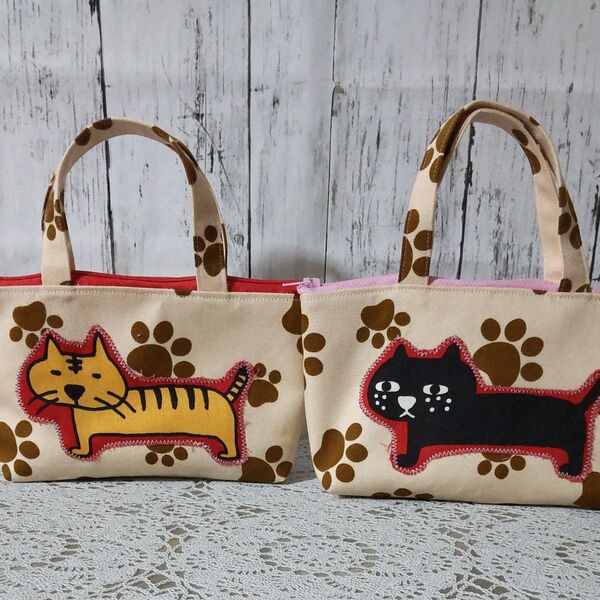 34 コットンこばやし 整列ねこアップリケ ファスナーポーチ 2個セット ハンドメイド
