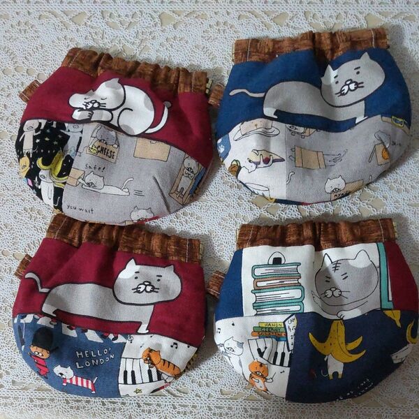 36 ねこ柄 コットンこばやし パッチワークバネ口ポーチ ハンドメイド 4個セット