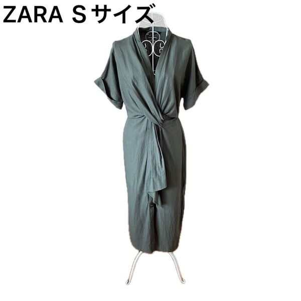 【ZARA】リネン素材オリーブグリーン 半袖シャツワンピース