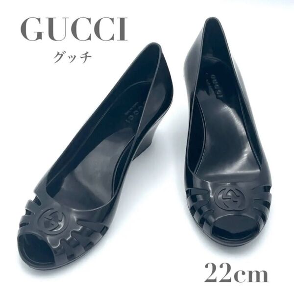 GUCCI グッチ パンプス 靴 ウェッジソール インターロッキングG オープントゥ ブラック 黒 23cm レディース ロゴ