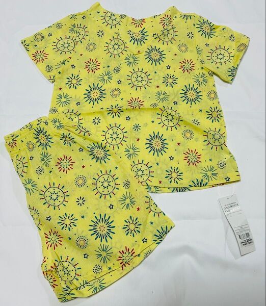 【定価2508円】【綿100%】 甚平半袖パジャマ 上下セット 花火柄 110 イエロー 黄 夏に快適な揚柳素材♪