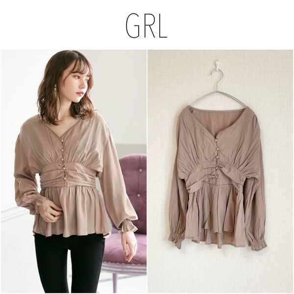 GRL ウエストマーク裾フレアブラウス ペプラムブラウス 長袖 グレイル ぽわん袖