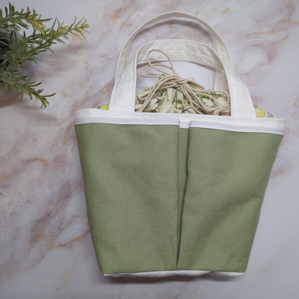 帆布 × 枝付きレモン ランチバッグ お弁当バッグ 巾着トート トートバッグ