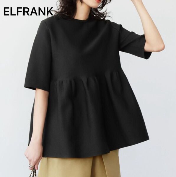 ELFRANK 裾フレア切り替え半袖ニットプルオーバー ブラック