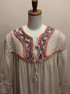  France old clothes bohemi Anne tunic blouse / smock race tyrolean higashi .hipi-70*s manner Vintage race costume ΓLT