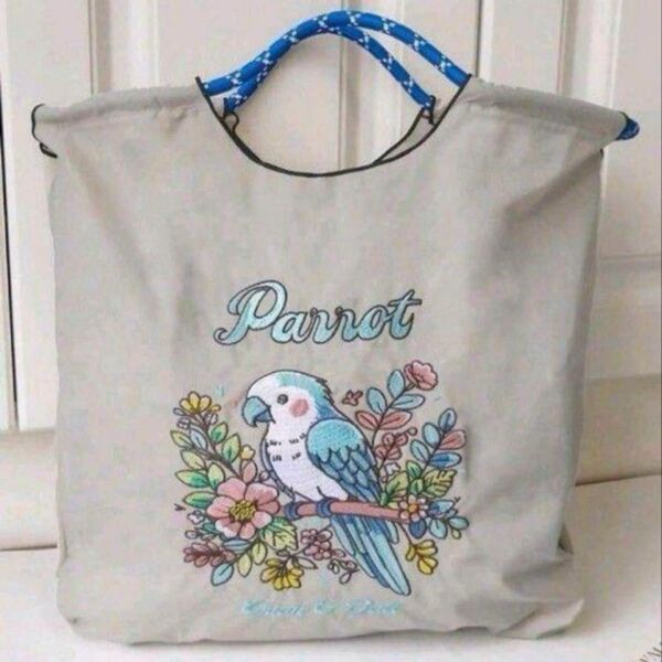 新品 軽量 ナイロンバック M 刺繍エコバッグ オウム 鳥 ショッピングバッグ トートバッグ
