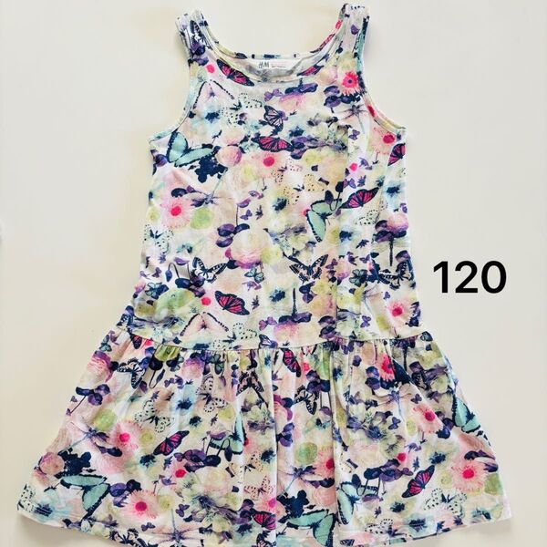 H&M 花と蝶のプリント ノースリーブワンピース 122/128