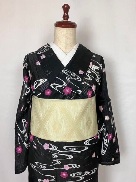 裄丈66cm 黒 流水柄 桜 鳥柄 夏着物 絽の着物 洗える着物 街着 きもの巡り 着物のある生活