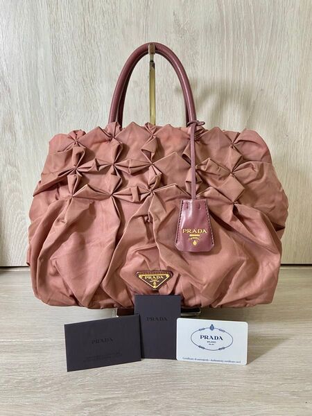 PRADA トートバッグ ナイロン 三角ロゴプレート ギャザー フリル ピンク