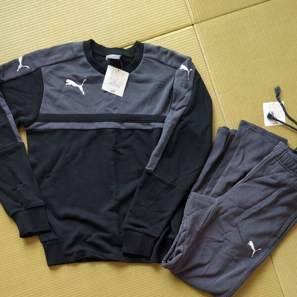 新品タグ付きボーイズ★PUMA スウェットパジャマ上下黒×グレーSサイズ春秋