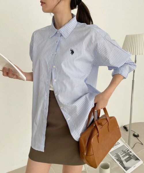 【U.S. POLO ASSN.】 U.S. POLO ASSN.レギュラーカラー オーバーサイズ ストライプ シャツ M