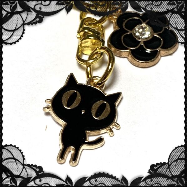 黒猫ニャンコお目目パッチリ バッグ キーホルダー