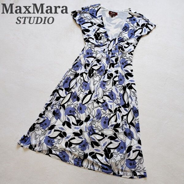 MaxMara STUDIO 花柄ロングワンピース フレア ストレッチ素材 S