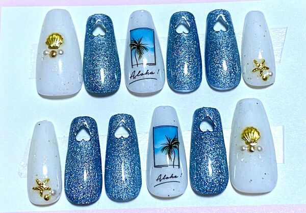【接着テープ付き】夏ネイル ジェルネイル ハート切り抜きネイルチップ ネイルチップ