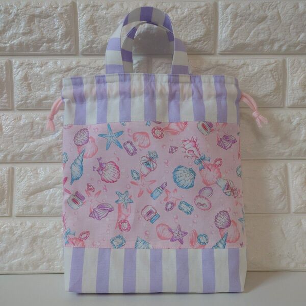 ハンドメイド☆お道具袋持ち手付巾着ミニトート☆女の子小学校用☆シェル柄
