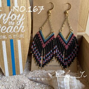NO.167 オルテガ チェーン フリンジ ピアス ブラック×レッドブルー NEW ハンドメイド