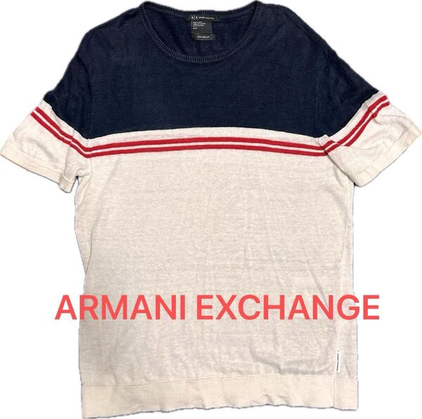 A|X Armani Exchange サマーニット半袖 リネン100%/ネイビー/ホワイト/レッド/Tシャツ/S/リネン/